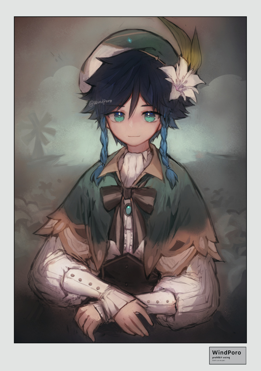 1boy androgynous artist_name bangs beret black_hair blue_hair bow braid brooch closed_mouth collared_cape collared_shirt commentary_request corset eyebrows_visible_through_hair flower frilled_sleeves frills gem genshin_impact gradient_hair green_eyes green_headwear hair_flower hair_ornament hat highres jewelry leaf long_sleeves looking_at_viewer male_focus mona_lisa multicolored_hair parody shirt short_hair_with_long_locks side_braids sidelocks smile solo twin_braids twitter_username venti_(genshin_impact) white_flower white_shirt windmill windporo