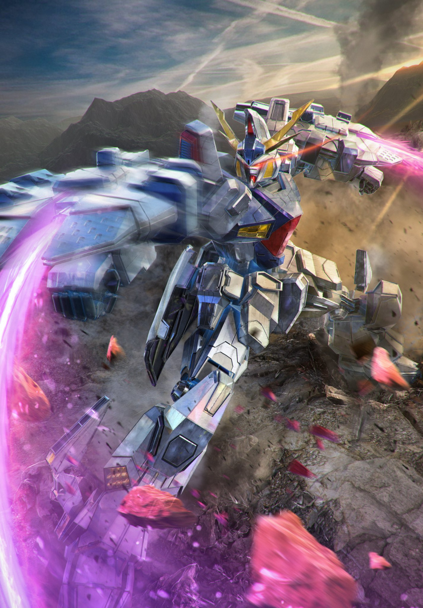 3d arm_blade clenched_hands glowing glowing_eyes ground_shatter gundam gundam_hathaway's_flash highres looking_to_the_side mecha mobile_suit mountain no_humans odysseus_gundam red_eyes science_fiction solo standing v-fin weapon yamataka_(blenderkame)