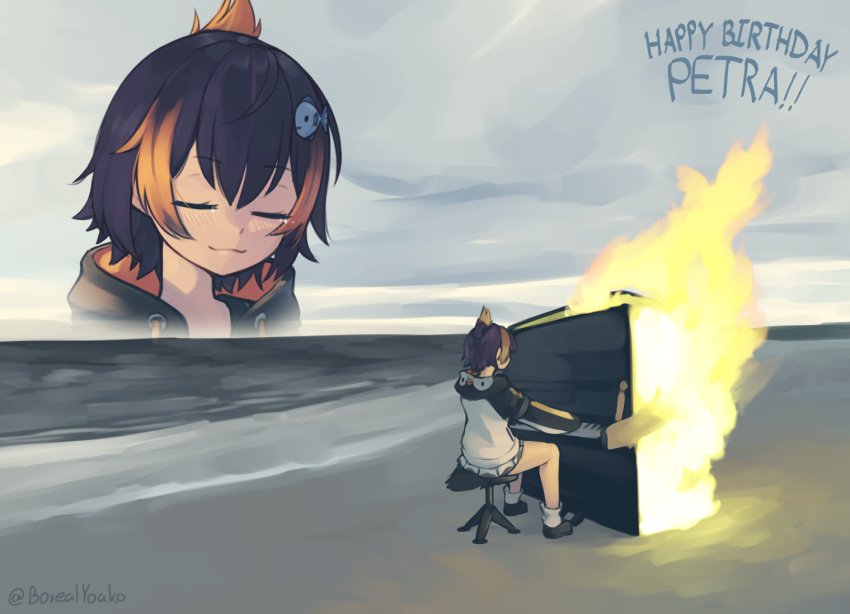 1girl :3 animal_hood beach black_hair closed_eyes commentary english_commentary english_text fire fish_hair_ornament hair_ornament hairclip happy_birthday hood hood_down hoodie inset instrument music nijisanji nijisanji_en orange_hair outdoors penguin_hood penguin_tail petra_gurin piano playing_instrument playing_piano short_hair sitting smile solo tail twitter_username virtual_youtuber yoako