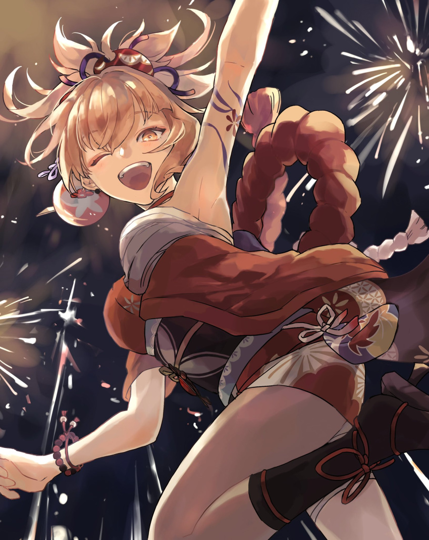 1girl arm_tattoo arm_up bandages blonde_hair bracelet choker commentary_request fireworks genshin_impact hadanugi_dousa highres japanese_clothes jewelry kimono leg_up looking_at_viewer makeup night obi open_mouth orange_kimono outdoors red_choker rope sarashi sash shimenawa shiraishi_(siraisi00) solo tattoo yellow_eyes yoimiya_(genshin_impact)