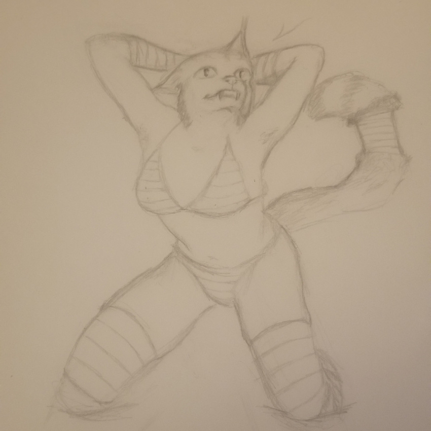 animal_humanoid anthro arm_warmers armwear bottomwear bra breasts clothed clothing dragonwolf941 ears_down fan_character felid felid_humanoid feline female fluffy fluffy_tail furgonomics hands_behind_head hi_res humanoid kneeling leg_warmers legwear looking_at_viewer looking_up mammal mammal_humanoid medium_breasts monochrome panties partially_clothed partially_clothed_female pattern_bottomwear pattern_bra pattern_clothing pattern_legwear pattern_panties pattern_topwear pattern_underwear pivoted_ears raised_arms simple_background solo solo_focus striped_bottomwear striped_bra striped_clothing striped_legwear striped_panties striped_topwear striped_underwear stripes tail_clothing tail_warmer topwear traditional_media_(artwork) underwear unfinished