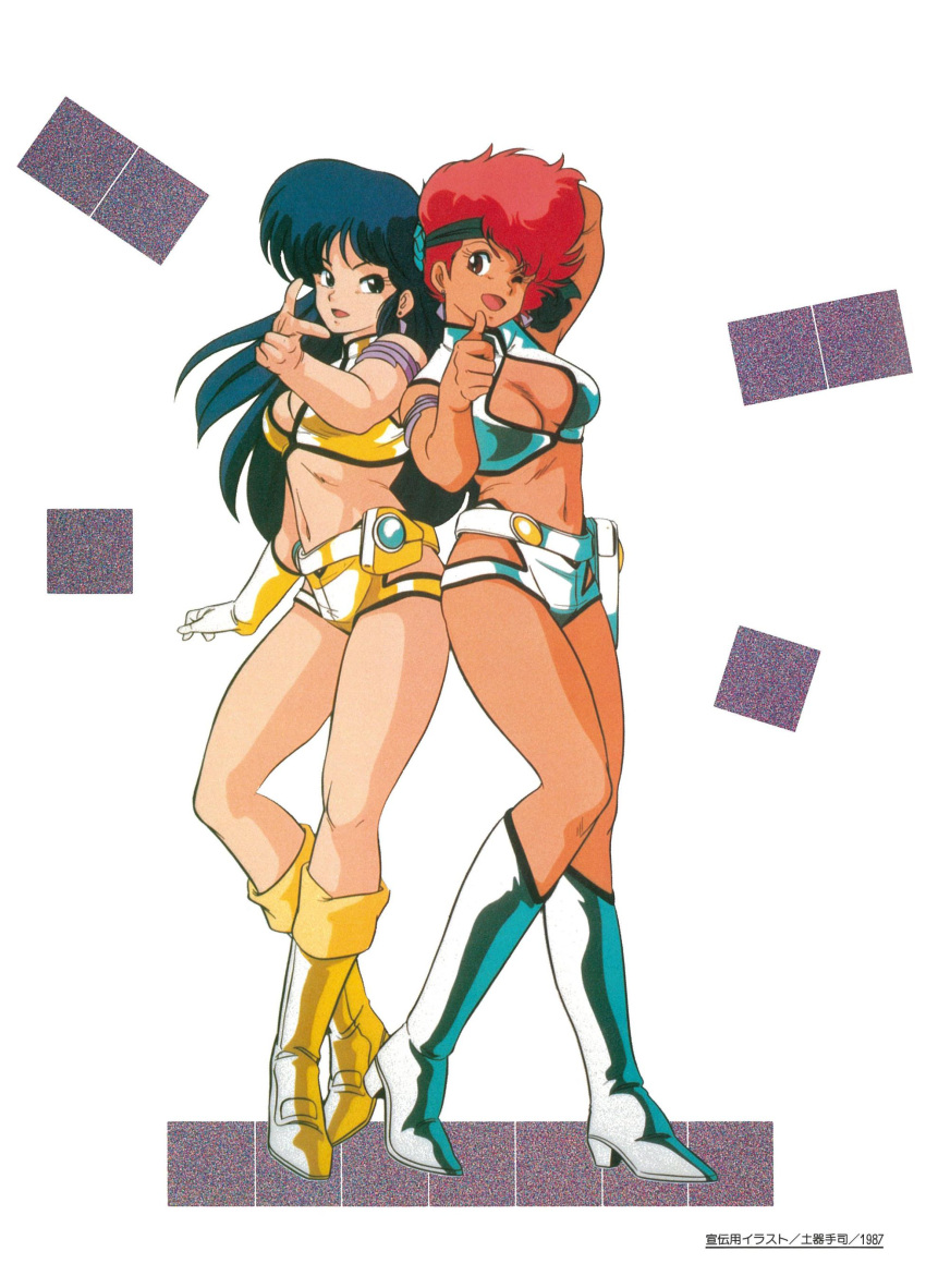 1980s_(style) absurdres arm_behind_head arm_up armlet bangs blue_eyes blue_hair boots dark-skinned_female dark_skin dirty_pair earrings full_body gloves headband highres holster jewelry kei_(dirty_pair) knee_boots long_hair navel official_art one_eye_closed open_mouth pointing red_eyes red_hair retro_artstyle scan short_hair side-by-side single_glove standing thumbs_up yuri_(dirty_pair)