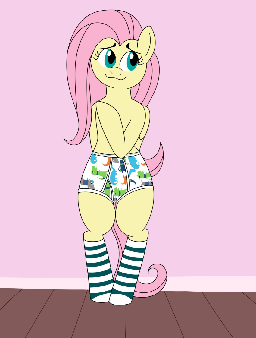 aaron_amethyst clothed clothing dinosaur equid equine eyelashes female feral fluttershy_(mlp) footwear friendship_is_magic hasbro hi_res horse inside legwear mammal my_little_pony partially_clothed pattern_clothing pattern_footwear pattern_legwear pattern_socks pegasus pony reptile scalie socks solo solo_focus standing striped_clothing striped_footwear striped_socks stripes topless underwear wings wood_floor