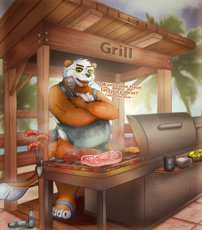 amur_carp anthro apron artist_jesterpi beach beef carp character_niko clothing cook crossed_arms cyprinid cypriniform feeding fish fluffy food giant_panda grill heat_(temperature) hi_res koi koi_panda looking_at_viewer male mammal marine meat overweight palm_tree plant sausage seaside smile solo spatula steak steam text tools tree typical_carp ursid