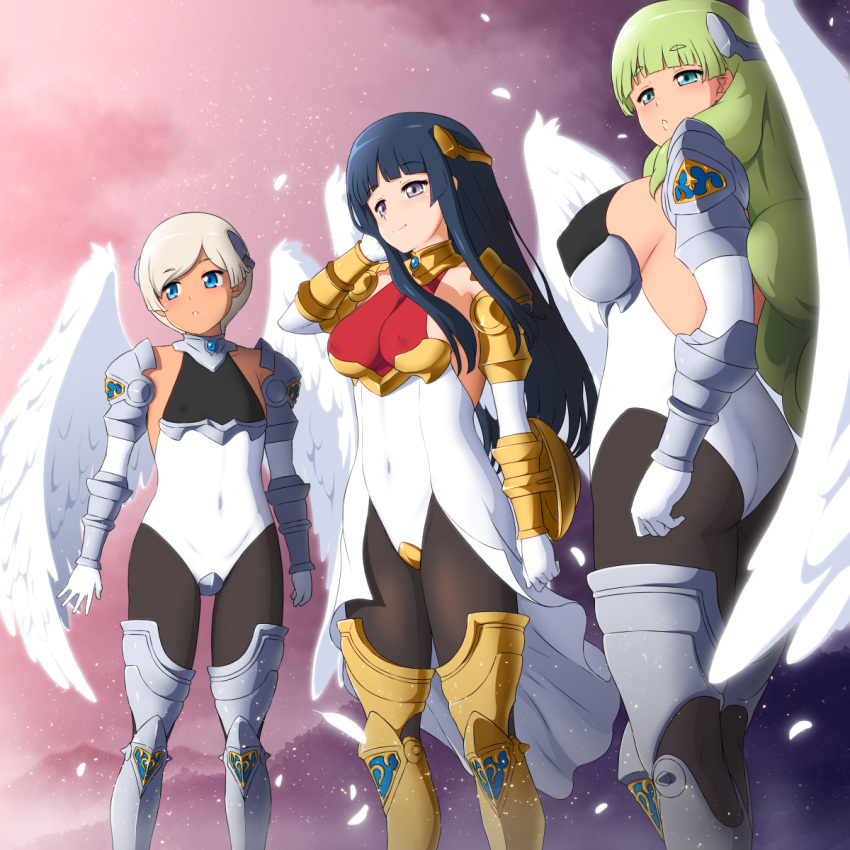 3girls adjusting_hair angel_wings anime_coloring aqua_eyes armor armored_boots armored_collar ass black_hair black_legwear blue_eyes blush boots bracer breasts buckler capitan_(tsyoujo) clenched_hand cloud covered_navel covered_nipples crotch_plate elbow_gloves electoa_(capitan_(tsyoujo)) farneli_(capitan_(tsyoujo)) feathers forest gloves green_hair hair_over_shoulder head headgear highres hime_cut large_breasts long_hair marriot_(capitan_(tsyoujo)) medium_breasts mountainous_horizon multiple_girls nature original outdoors pantyhose purple_eyes shield sideboob sidelocks skin_tight small_breasts smile standing very_long_hair white_gloves wind wings