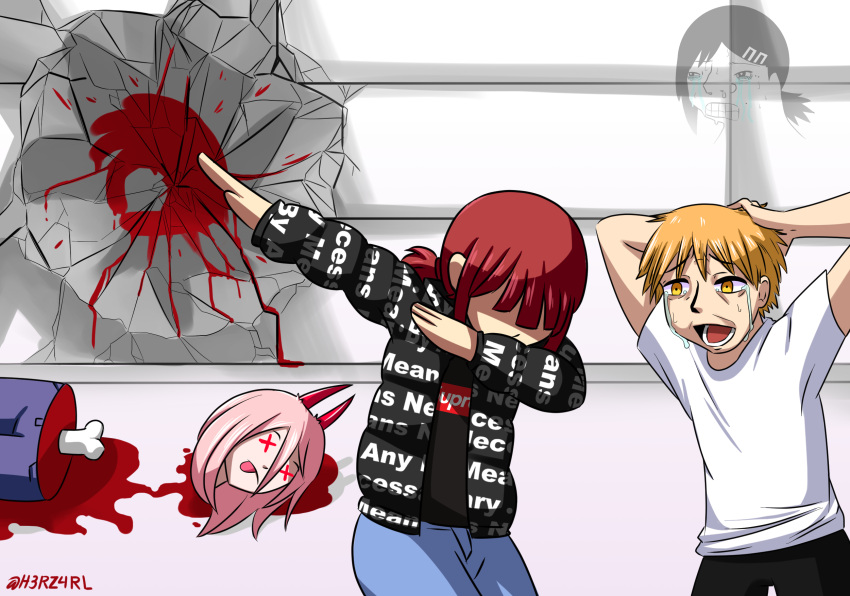 1boy 2girls alternate_costume black_jacket black_shirt blonde_hair blood blood_on_wall brown_hair chainsaw_man cracked_wall crying crying_with_eyes_open dab_(dance) death demon_girl denji_(chainsaw_man) drip_(meme) h3rz4rl higashiyama_kobeni highres jacket long_hair makima_(chainsaw_man) meme multiple_girls pink_hair power_(chainsaw_man) severed_head shirt short_hair tears tongue tongue_out twitter_username white_shirt