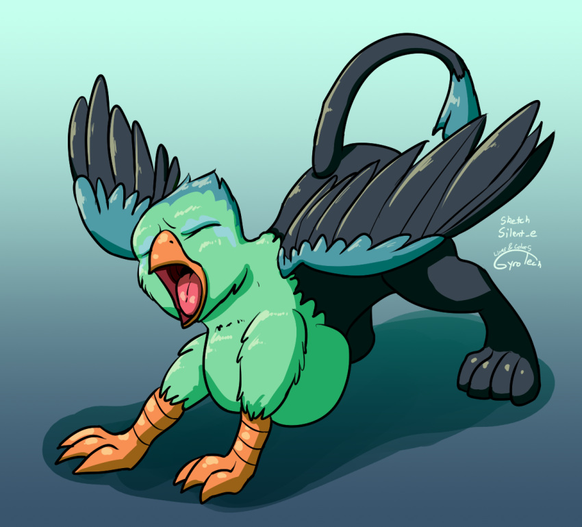 alternate_species avian beak bird_feet eyes_closed feathered_wings feathers feral green_body grey_body gryphon gyrotech male mythological_avian mythology neck_bulge open_mouth paws silent_e spread_wings stretching tail_tuft tuft vore wings yawn zuthal