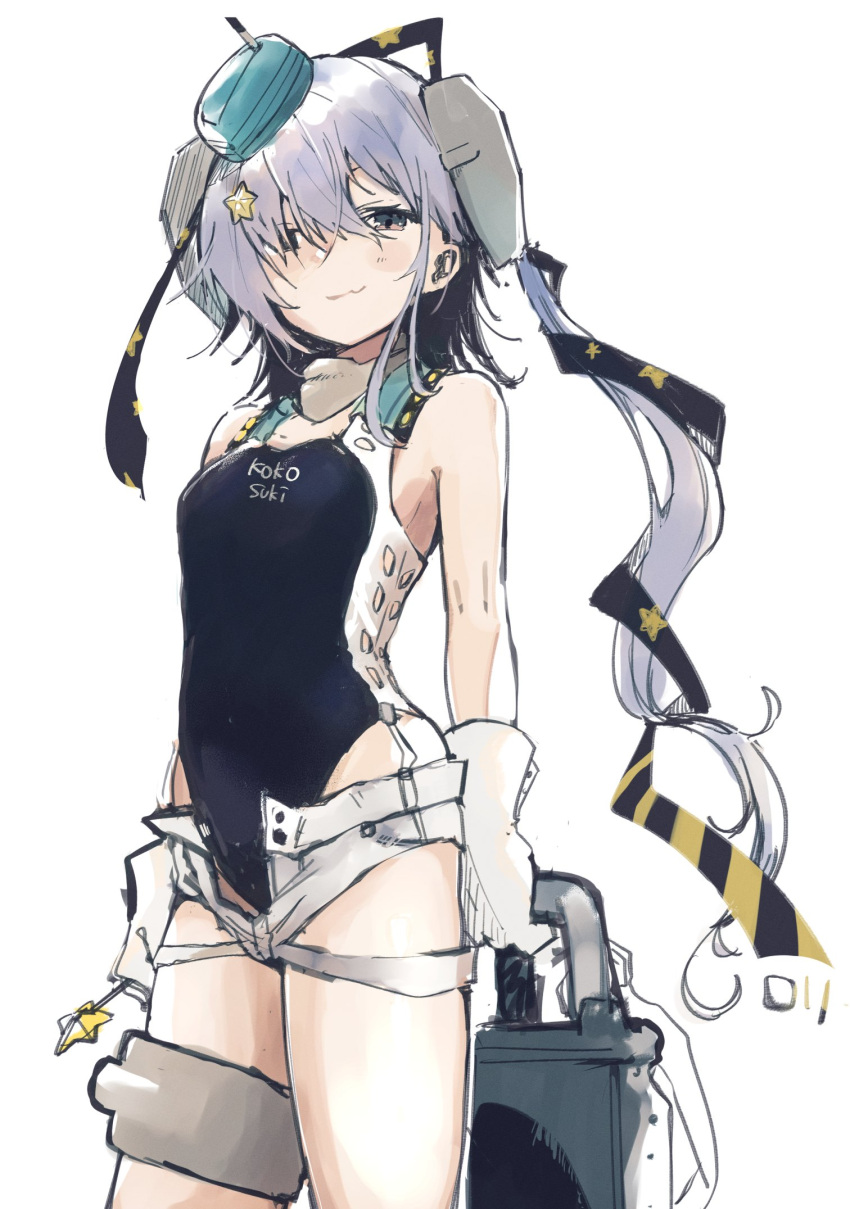 1girl aqua_headwear black_ribbon black_swimsuit candy competition_swimsuit food garrison_cap gloves grey_eyes grey_hair hair_ornament hair_ribbon hat highleg highleg_swimsuit highres holding holding_candy holding_food kantai_collection long_hair ma_rukan one-piece_swimsuit ribbon scamp_(kancolle) short_shorts shorts side_ponytail simple_background smile solo star_(symbol) star_hair_ornament swimsuit white_background white_gloves white_shorts