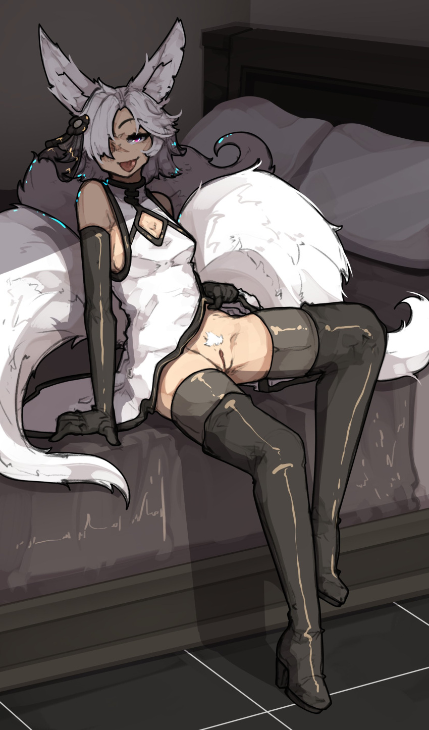 1girl absurdres animal_ears arm_support bangs bare_shoulders bed boots breasts brown_gloves brown_legwear china_dress chinese_clothes cleavage_cutout clothes_lift clothing_cutout dress dress_lift elbow_gloves english_commentary female_pubic_hair fox_ears fox_girl fox_tail full_body gloves grey_hair hair_ornament high_heel_boots high_heels highres medium_breasts no_panties original pillow pubic_hair pussy shiny shiny_clothes short_hair shuuko_(s_h_uuko) sitting smile tail thigh_boots thighhighs tongue tongue_out
