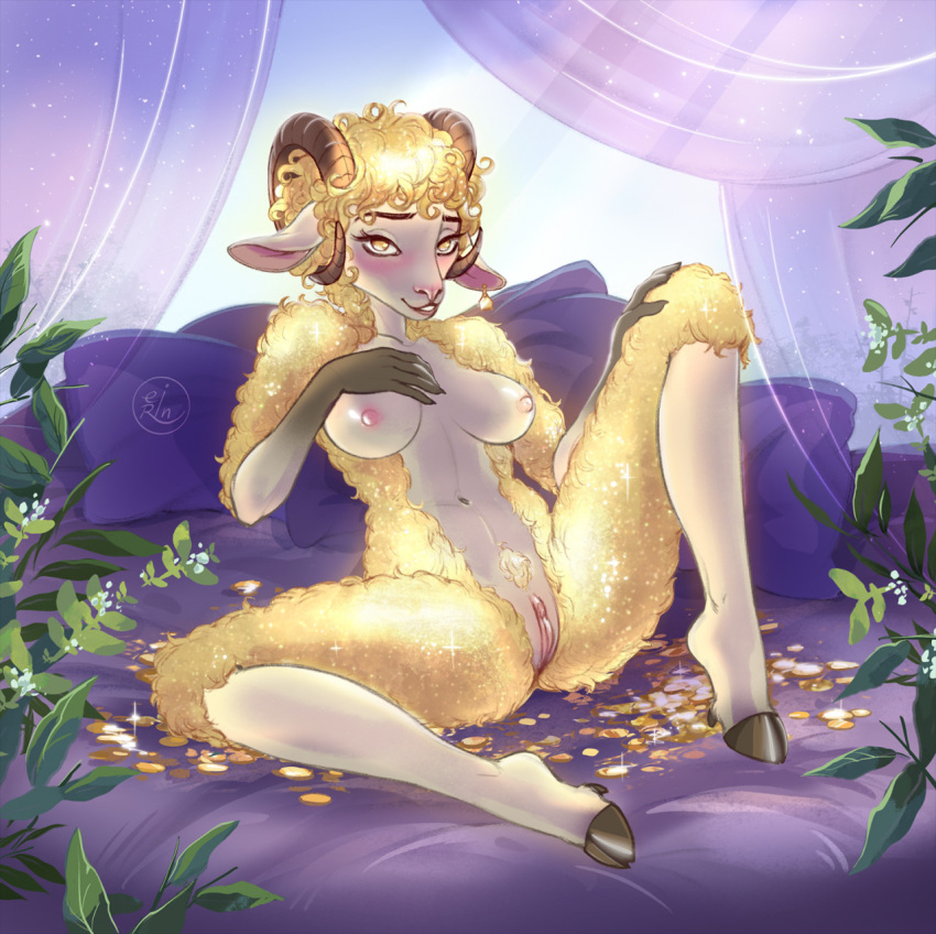 anthro bed blonde_hair bovid breasts caprine clitoris coin curtains ear_tag eighthsun female fur furniture genitals gold_(metal) gold_coin hair hi_res looking_at_viewer mammal nipples nude plant pubes pussy sheep solo spread_legs spread_pussy spreading yellow_body yellow_eyes yellow_fur