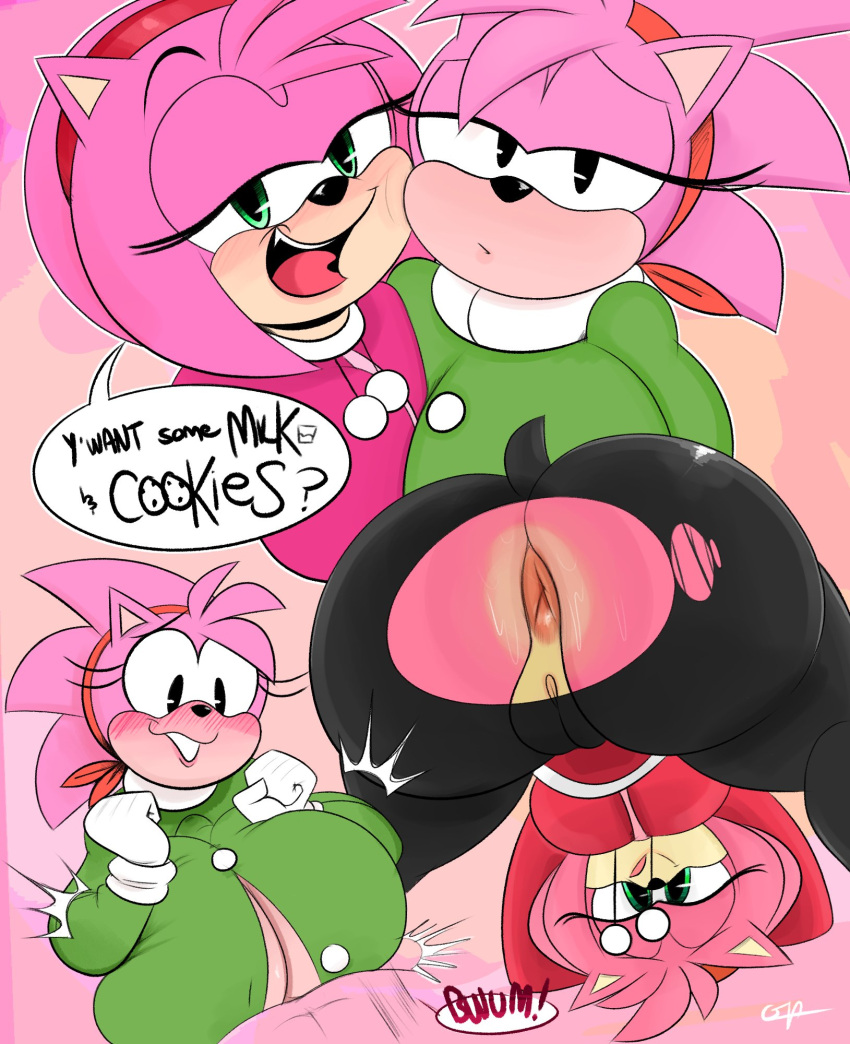 ! ? accessory amy_rose anthro anus bedroom_eyes bent_over big_breasts big_butt blush bodily_fluids breast_play breasts butt classic_amy_rose classic_sonic_(universe) clothing duo english_text eulipotyphlan female genitals gloves green_eyes hair half-closed_eyes handwear headband hedgehog hi_res huge_butt mammal narrowed_eyes open_mouth open_sweater ota_(artist) pink_body pink_hair pussy seductive sega sex sonic_the_hedgehog_(series) speech_bubble square_crossover sweat sweater sweatpants sweaty_butt text titfuck tongue topwear torn_clothing