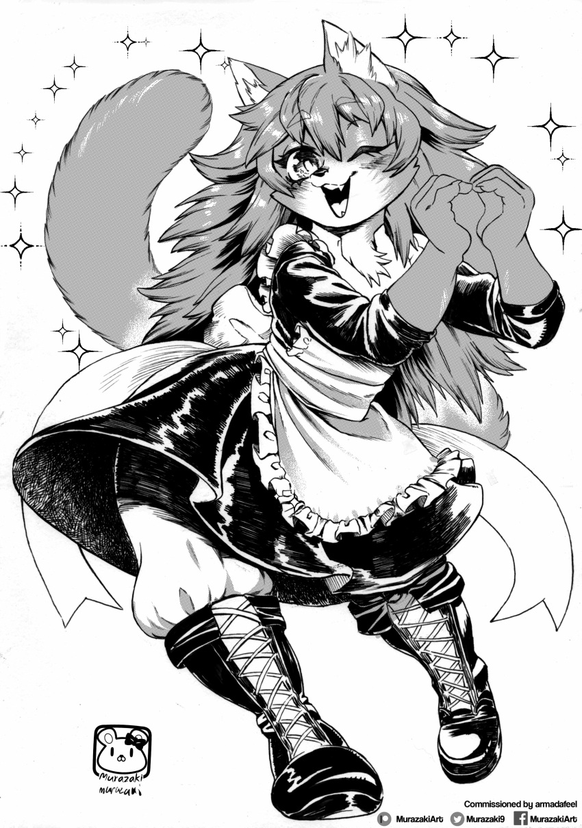 absurd_res anthro clothed clothing domestic_cat felid feline felis female fur hi_res looking_at_viewer maid_uniform mammal monochrome murazaki one_eye_closed open_mouth open_smile smile solo uniform wink