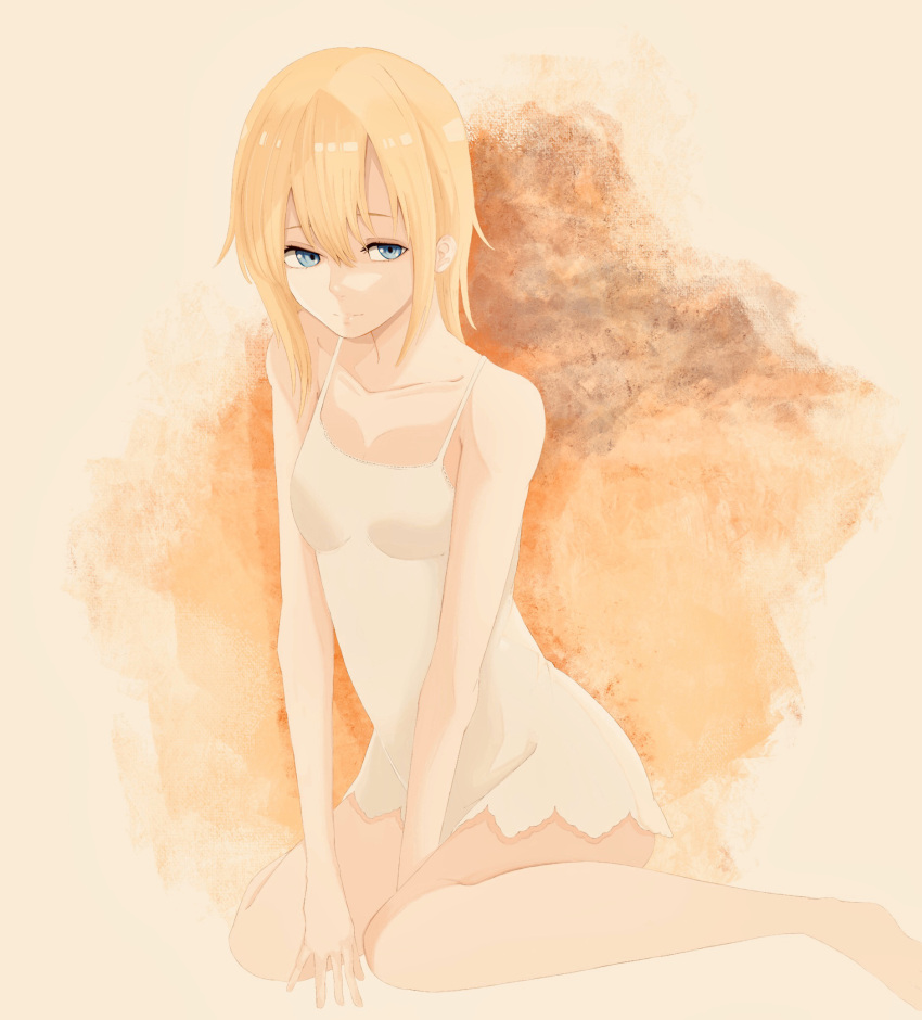 1girl blonde_hair blue_eyes breasts closed_mouth dress highres long_hair namine pasuta0830 simple_background solo white_dress
