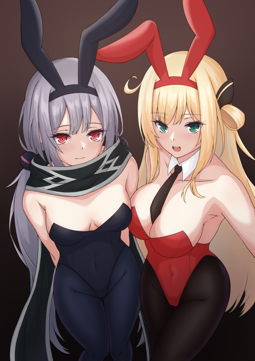 2girls absurdres alternate_costume animal_ears bangs bare_shoulders between_breasts black_necktie blonde_hair breasts collarbone detached_collar duel_monster eyebrows_visible_through_hair fake_animal_ears feet_out_of_frame goldred green_eyes grey_hair highres leotard long_hair multiple_girls necktie necktie_between_breasts open_mouth pantyhose playboy_bunny playboy_bunny_leotard rabbit_ears red_eyes scarf sky_striker_ace_-_raye sky_striker_ace_-_roze strapless strapless_leotard yu-gi-oh!