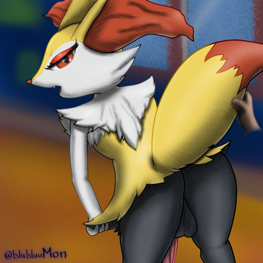 angry anthro balls black_body black_fur blubluumon braixen butt feral fur genitals girly hand_on_tail hi_res male nintendo penis pok&eacute;mon pok&eacute;mon_(species) raised_tail red_body red_eyes red_fur solo tail_grab video_games white_body white_fur yellow_body yellow_fur