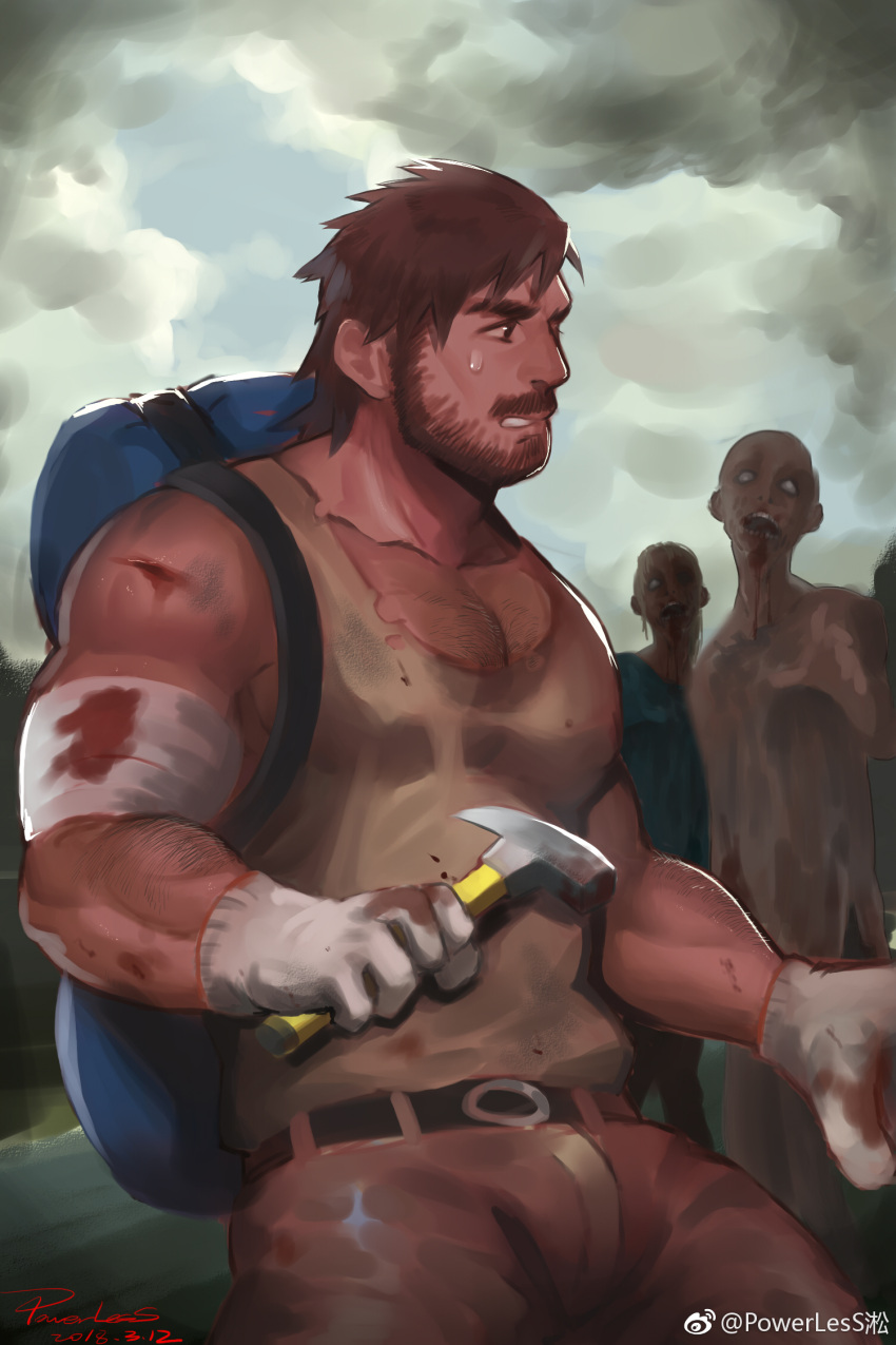 1boy backpack bag bara bare_shoulders beard blood brown_hair brown_pants brown_tank_top character_request chest_hair cloud cloudy_sky cowboy_shot cuts facial_hair hammer highres holding holding_hammer injury large_pectorals male_focus mature_male muscular muscular_male mustache pants pectoral_cleavage pectorals powerlesssong short_hair sidepec sky solo_focus tank_top the_walking_dead thick_eyebrows weibo_logo weibo_username zombie