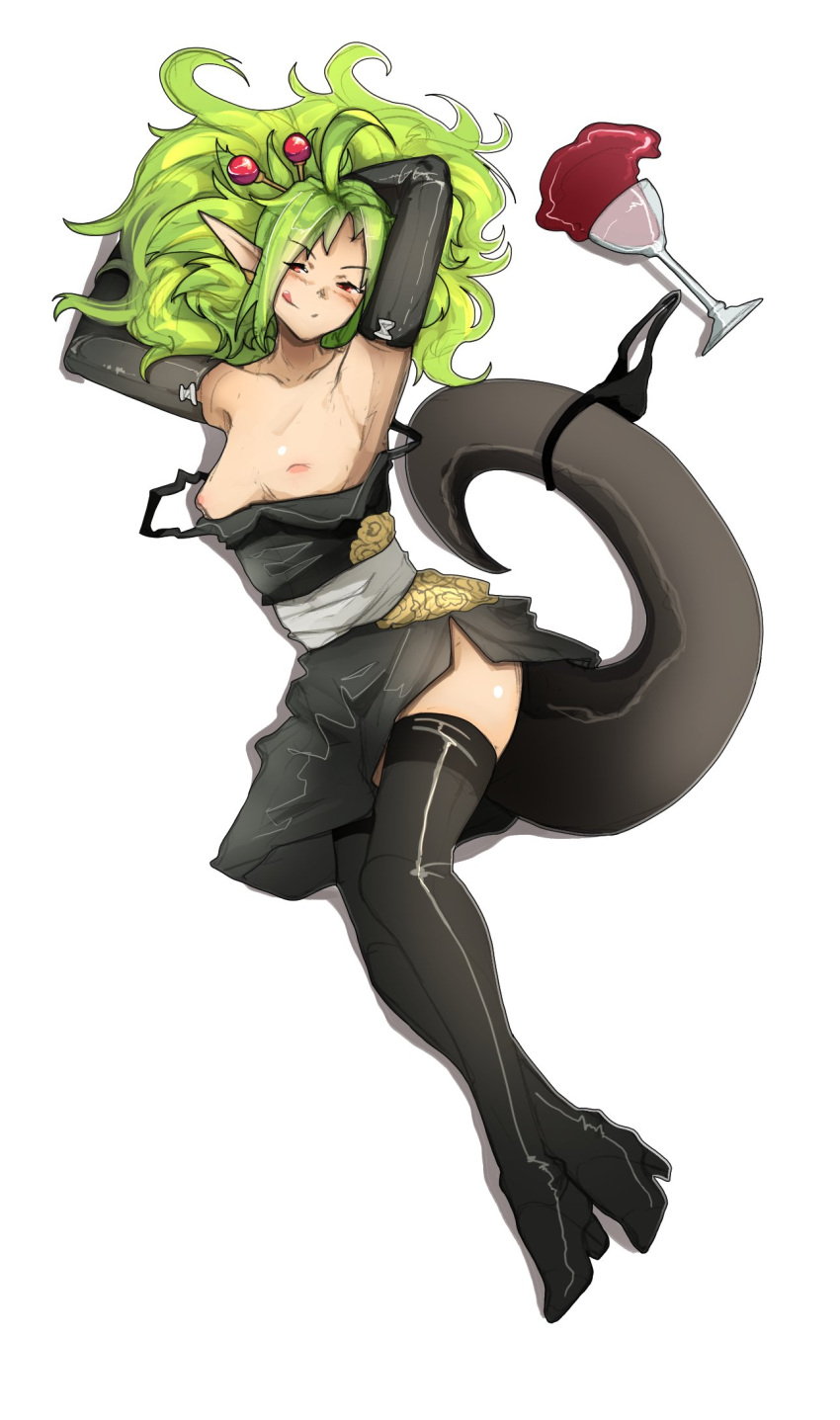 1girl :q ahoge alcohol arms_up bangs black_dress black_footwear black_gloves black_panties boots breasts closed_mouth collarbone cup dress drinking_glass elbow_gloves english_commentary gloves green_hair grey_background hair_ornament high_heel_boots high_heels highres kyva_(shuuko) long_hair lying medium_breasts nipples on_side original panties panties_removed pointy_ears shiny shiny_skin shuuko_(s_h_uuko) simple_background smile snake_tail solo tail thigh_boots thighhighs tongue tongue_out underwear wine wine_glass
