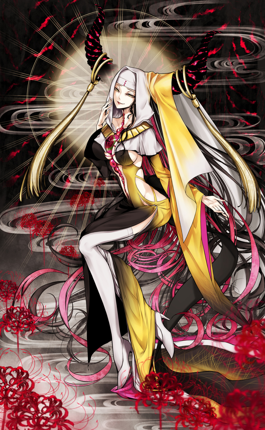 1girl absurdly_long_hair black_hair breasts chest_tattoo clothing_cutout commentary dress fate/grand_order fate_(series) flower full_body habit halo hand_up high_heels highres horn_ornament horn_ring horns jewelry large_breasts long_hair long_sleeves looking_at_viewer multicolored_hair necklace no_mae_(mikakatachi) parted_lips pink_hair red_flower sesshouin_kiara side_slit sidelocks smirk solo stomach_cutout streaked_hair symmetry tassel tattoo thighhighs veil very_long_hair white_footwear white_legwear wide_sleeves yellow_dress yellow_eyes