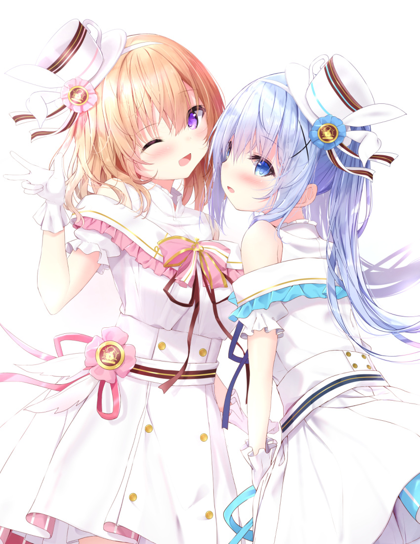 2girls ;d bangs bare_shoulders blue_eyes blue_hair blush brown_hair commentary_request dress eyebrows_visible_through_hair floating_hair gloves gochuumon_wa_usagi_desu_ka? hair_between_eyes hair_ornament hairband hand_up highres hoto_cocoa kafuu_chino kouda_suzu long_hair multiple_girls off-shoulder_dress off_shoulder one_eye_closed pleated_dress puffy_short_sleeves puffy_sleeves purple_eyes shirt short_sleeves simple_background sleeveless sleeveless_shirt smile tilted_headwear twintails very_long_hair white_background white_dress white_gloves white_hairband white_headwear white_shirt x_hair_ornament