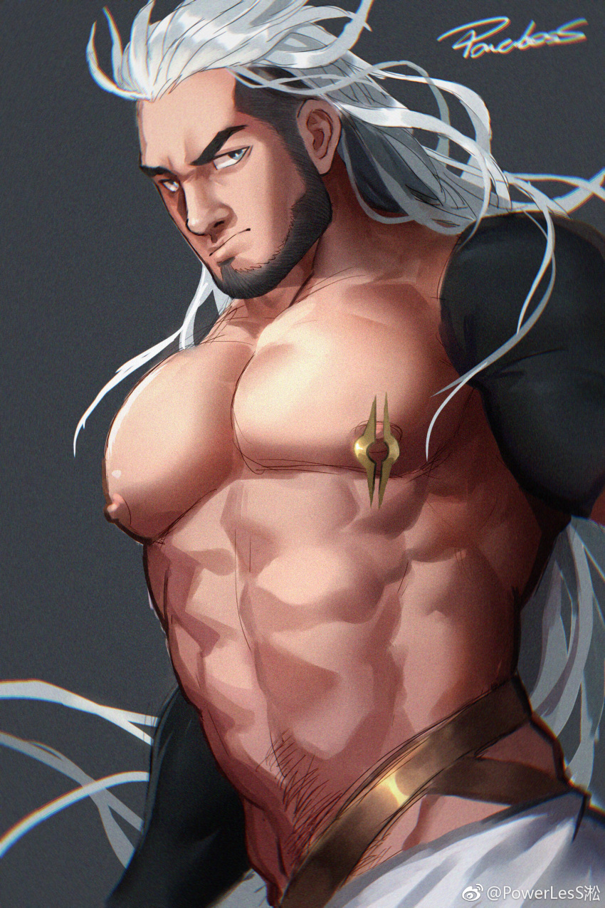 1boy abs bara bare_pectorals beard brown_male_underwear convenient_censoring cowboy_shot facial_hair frown highres jockstrap large_pectorals long_hair looking_at_viewer male_focus male_pubic_hair male_underwear mature_male multicolored_hair muscular muscular_male navel navel_hair nipple_piercing nipples original pectorals piercing powerlesssong pubic_hair pubic_hair_peek shrug_(clothing) solo stomach topless_male two-tone_hair undercut underwear weibo_logo weibo_username white_hair