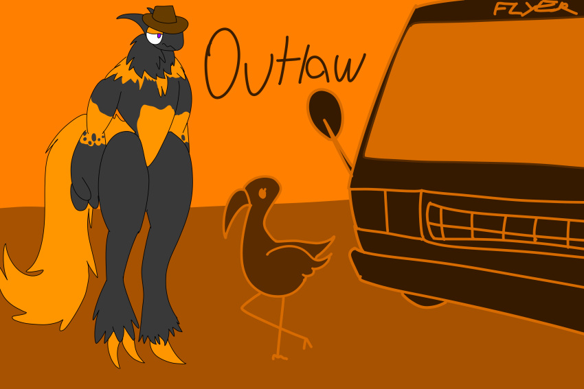 absurd_res anthro black_body brown_clothing brown_hat brown_headwear clothing deveddoris expedition_hat hat headgear headwear hi_res lawn_flamingo lawn_ornament male multicolored_body orange_body recreational_vehicle simple_background solo unknown_species vehicle