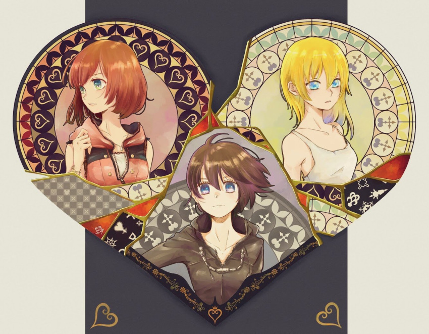 3girls bare_shoulders bepi06368631 black_coat_(kingdom_hearts) black_hair blonde_hair blue_eyes breasts closed_mouth gloves hood kairi_(kingdom_hearts) kingdom_hearts kingdom_hearts_358/2_days kingdom_hearts_ii long_hair looking_at_viewer multiple_girls namine red_hair short_hair xion_(kingdom_hearts)