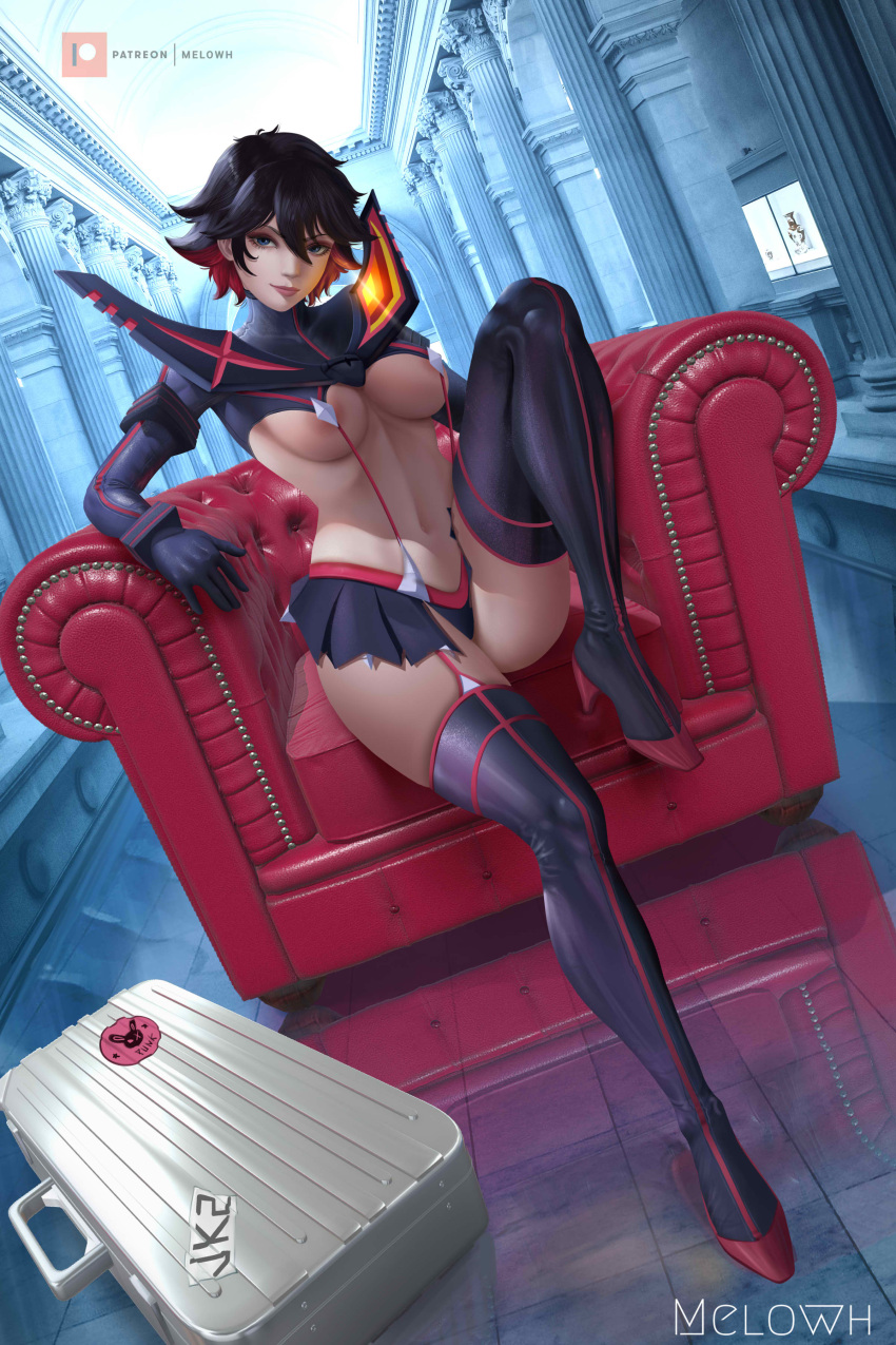 1girl absurdres areolae artist_name black_hair blue_eyes boots breasts chair full_body high_heel_boots high_heels highres kill_la_kill large_breasts looking_at_viewer matoi_ryuuko melowh multicolored_hair navel red_hair short_hair sitting skirt solo thigh_boots thighhighs underboob