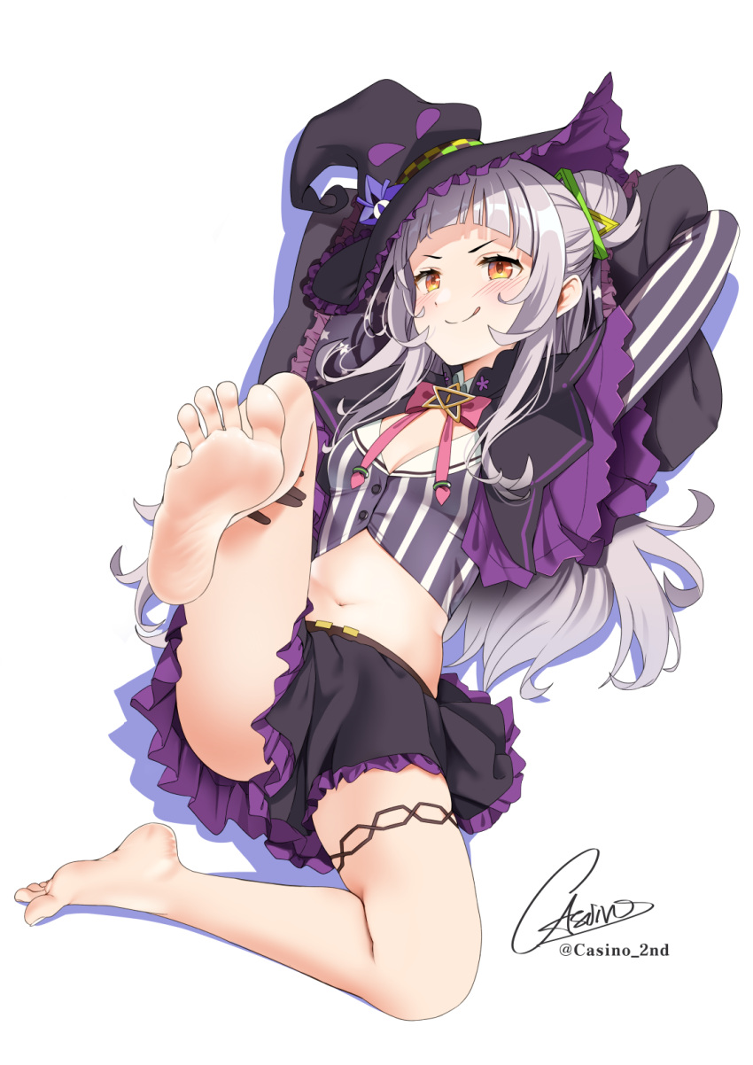 1girl :q arms_up bangs bare_legs barefoot black_capelet black_headwear black_skirt blush bow bowtie breasts capelet casino_(casinoep) closed_mouth commentary_request feet frilled_skirt frills full_body hair_bun hat highres hololive leg_up long_hair long_sleeves looking_at_viewer lying midriff murasaki_shion navel on_back orange_eyes pink_bow pink_bowtie shirt signature silver_hair simple_background skirt small_breasts smile soles solo striped striped_shirt thigh_strap toes tongue tongue_out v-shaped_eyebrows vertical-striped_shirt vertical_stripes virtual_youtuber white_background witch_hat