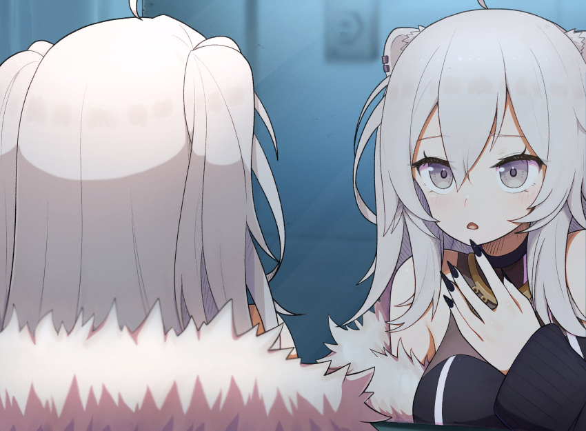 1girl absurdres animal_ears bangs black_nails from_behind fur_trim grey_eyes grey_hair hair_between_eyes highres hololive light_blush lion_ears lion_girl lunch_boxer mirror off_shoulder open_mouth reflection shishiro_botan solo two_side_up virtual_youtuber