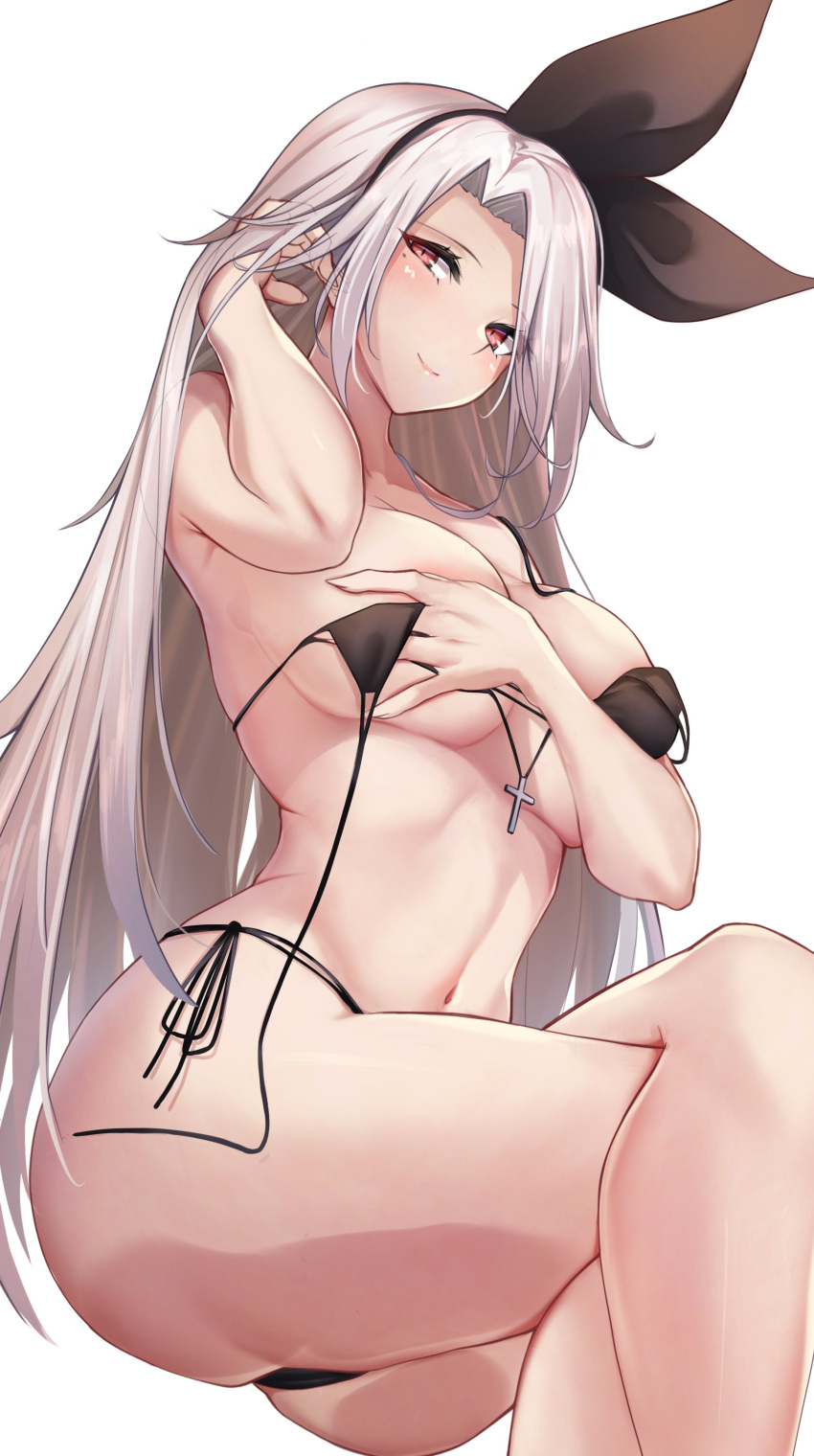 1girl absurdres adjusting_hair ass azur_lane bikini bikini_top bikini_top_removed black_bikini breast_hold breast_press breasts commentary covered_nipples crossed_legs crotch_seam curvy hairband highres holding holding_clothes holding_swimsuit large_breasts looking_at_viewer naughty_face navel oserotto playing_with_own_hair prinz_heinrich_(azur_lane) red_eyes seductive_smile side-tie_bikini sitting smile swimsuit thick_thighs thighs white_hair