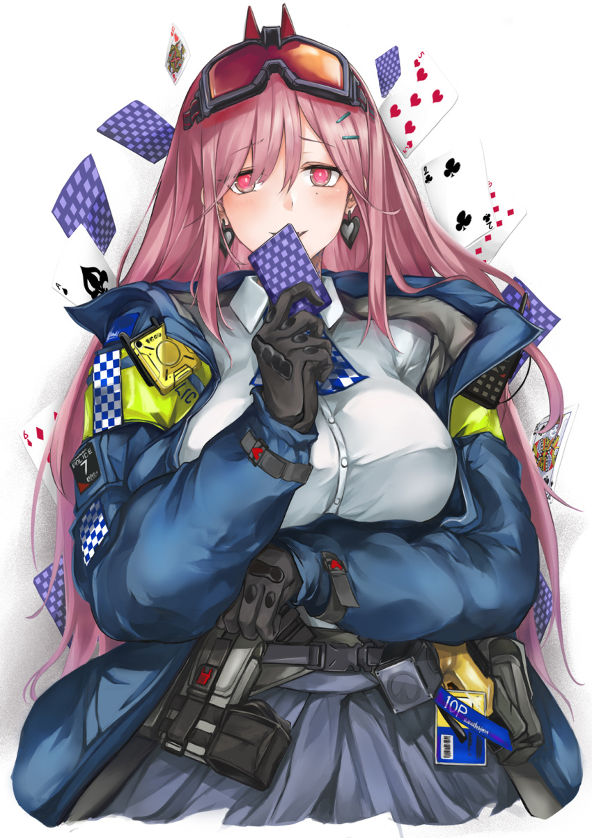 1girl :d arm_under_breasts bangs belt black_gloves blue_jacket blush breasts card checkered_clothes checkered_neckwear collared_shirt commentary covering_mouth cropped_legs earrings eyebrows_visible_through_hair eyewear_on_head fang girls'_frontline gloves hair_between_eyes hair_ornament hairclip heart heart_earrings highres holding holding_card jacket jewelry large_breasts long_hair looking_at_viewer marche_mk14 mole mole_under_eye open_clothes open_jacket open_mouth orange_goggles pink_hair playing_card police police_uniform red_eyes safety_glasses shirt sidelocks sig_mcx_(girls'_frontline) simple_background skirt smile snap-fit_buckle solo standing uniform utility_belt walkie-talkie white_background white_shirt