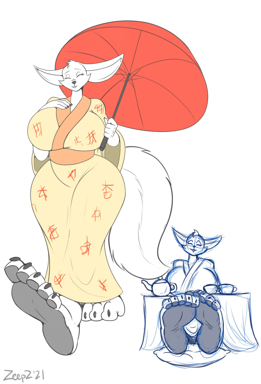 5_toes absurd_res anthro asian_clothing big_breasts breasts canid canine clothing container cup east_asian_clothing eyes_closed feet female fennec foot_focus fox hi_res japanese_clothing kimono mammal sitting solo tea_cup tea_pot toes umbrella wide_hips zp92