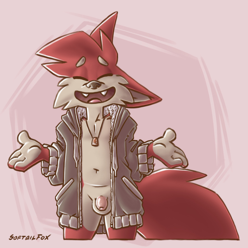 1:1 baggy_clothing baggy_topwear balls big_ears big_tail bottomless bottomless_male bottomwear canid canine clothed clothing denim denim_clothing digital_media_(artwork) eyes_closed flaccid fluffy fox fur genitals hoodie jeans jewelry male mammal navel necklace pants pendant penis red_body red_fur shirt shrug smile softailfox sweater t-shirt tan_body tan_fur toony topwear