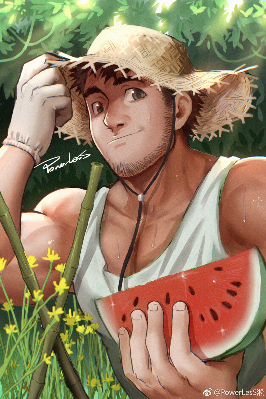 1boy bara bare_arms bare_shoulders beard brown_hair facial_hair gloves green_eyes hat highres large_pectorals looking_at_viewer male_focus mature_male muscular muscular_male original pectoral_cleavage pectorals powerlesssong short_hair smile solo stubble sun_hat sunlight sweat tank_top upper_body watermelon_slice white_gloves white_tank_top