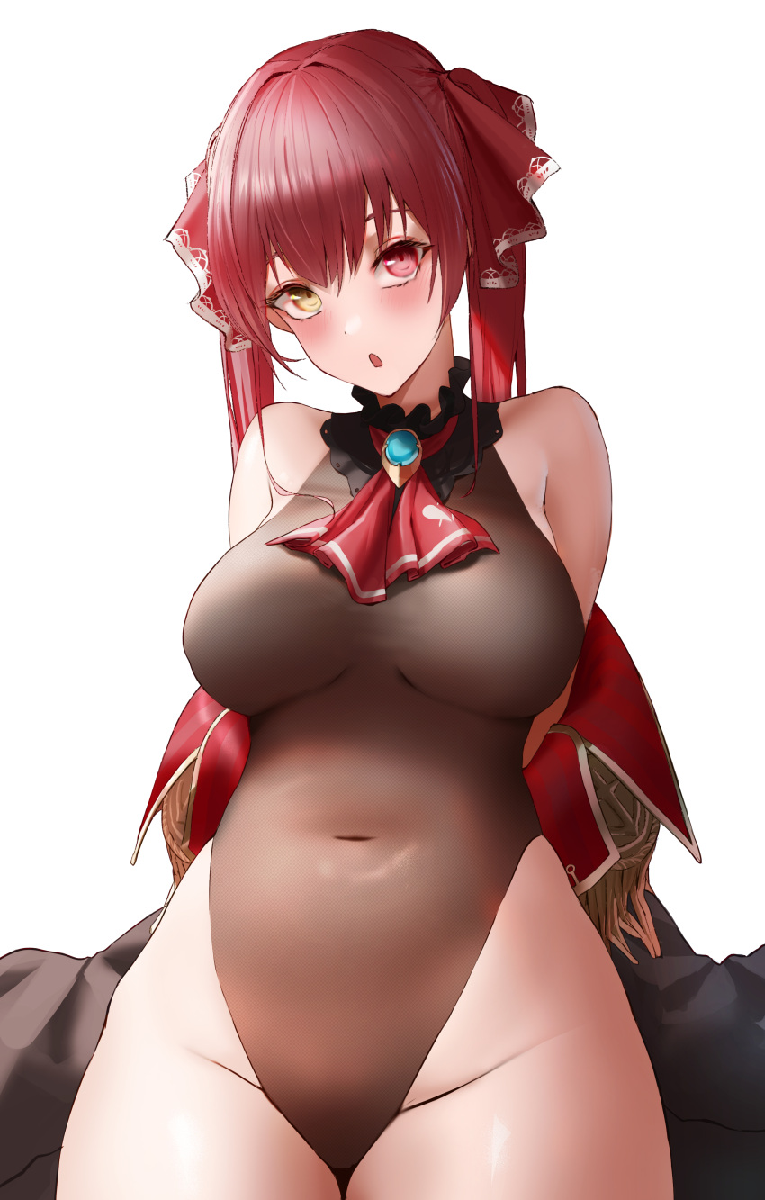 1girl :o absurdres arms_behind_back ascot bare_shoulders blush breasts brooch coat_partially_removed commentary covered_navel cowboy_shot curvy frilled_shirt_collar frills groin hair_ribbon heterochromia highleg highleg_leotard highres hololive houshou_marine jewelry large_breasts leotard long_hair looking_at_viewer open_mouth plump red_ascot red_eyes red_hair red_ribbon ribbon sheer_leotard solo thighs twintails virtual_youtuber wanne wide_hips yellow_eyes
