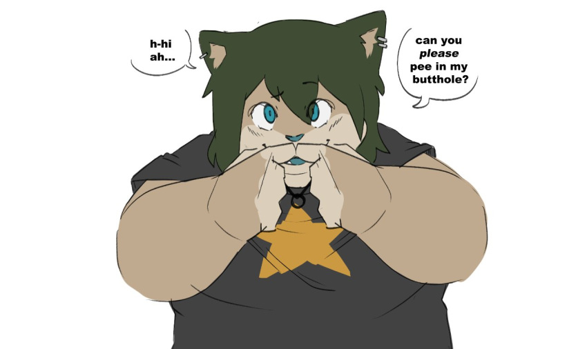 2021 anthro belly blue_eyes clothing deebu domestic_cat english_text felid feline felis green_hair hair humanoid_hands male mammal overweight overweight_male shirt simple_background solo text topwear white_background