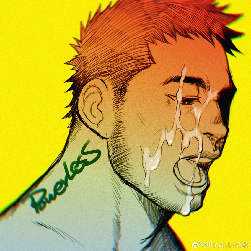 1boy bara cum cum_string face facial facial_hair from_side highres implied_yaoi male_focus mature_male multiple_monochrome muscular muscular_male open_mouth original powerlesssong short_hair sideburns solo spiked_hair stubble thick_eyebrows weibo_logo weibo_username yellow_background