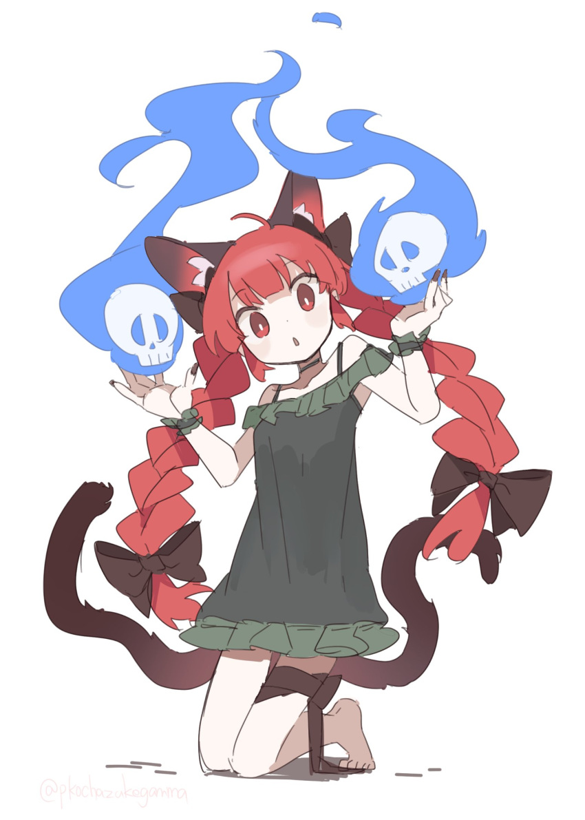 1girl ahoge aida_(aidia) animal_ear_fluff animal_ears barefoot bow braid cat_ears cat_tail choker dress extra_ears fingernails ghost green_dress highres hitodama holding holding_skull kaenbyou_rin leg_ribbon long_hair looking_at_viewer multiple_tails nail_polish one-hour_drawing_challenge open_mouth red_eyes red_hair ribbon sharp_fingernails short_dress skull slit_pupils solo tail touhou twin_braids two_tails very_long_hair white_background