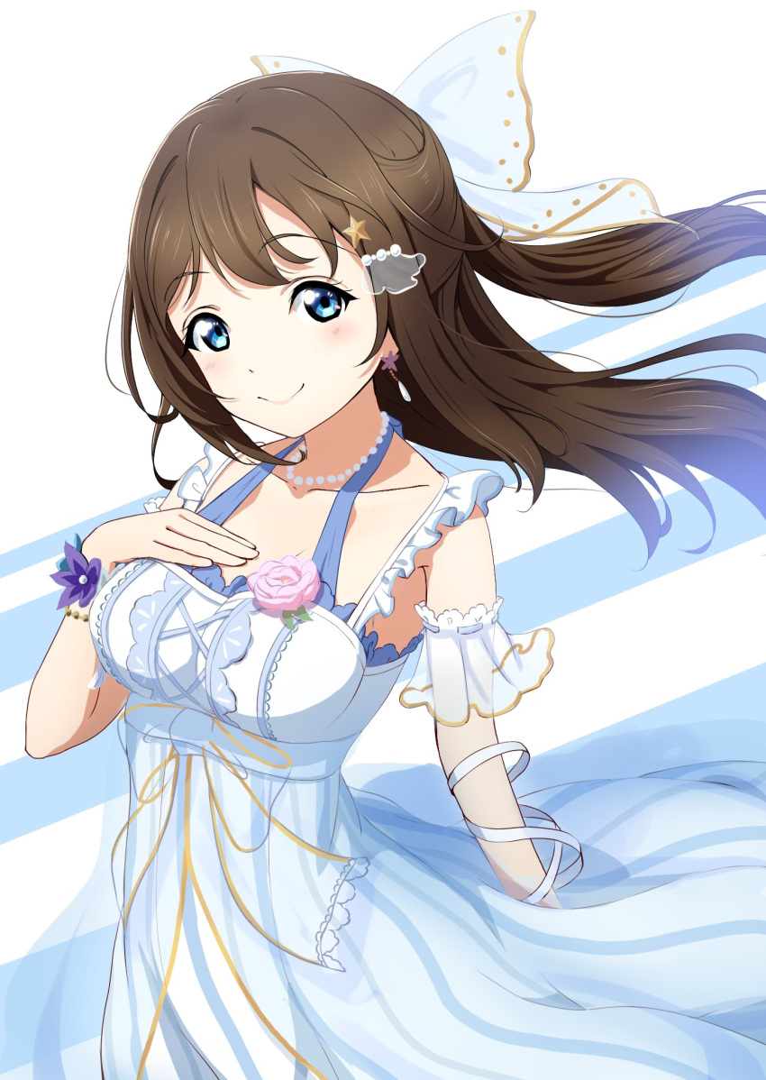 amagi_(volfuji) anata_no_risou_no_heroine arm_garter arm_ribbon bangs blue_eyes bow bracelet brown_hair collarbone corsage cross-laced_clothes dress dress_flower flower frilled_garter hair_between_eyes hair_bow half_updo highres jewelry lace-trimmed_dress lace_trim long_hair love_live! love_live!_nijigasaki_high_school_idol_club love_live!_school_idol_festival_all_stars necklace ousaka_shizuku pearl_bracelet pearl_necklace ponytail purple_flower purple_rose ribbon rose sidelocks transparent_bow white_bow wrist_flower