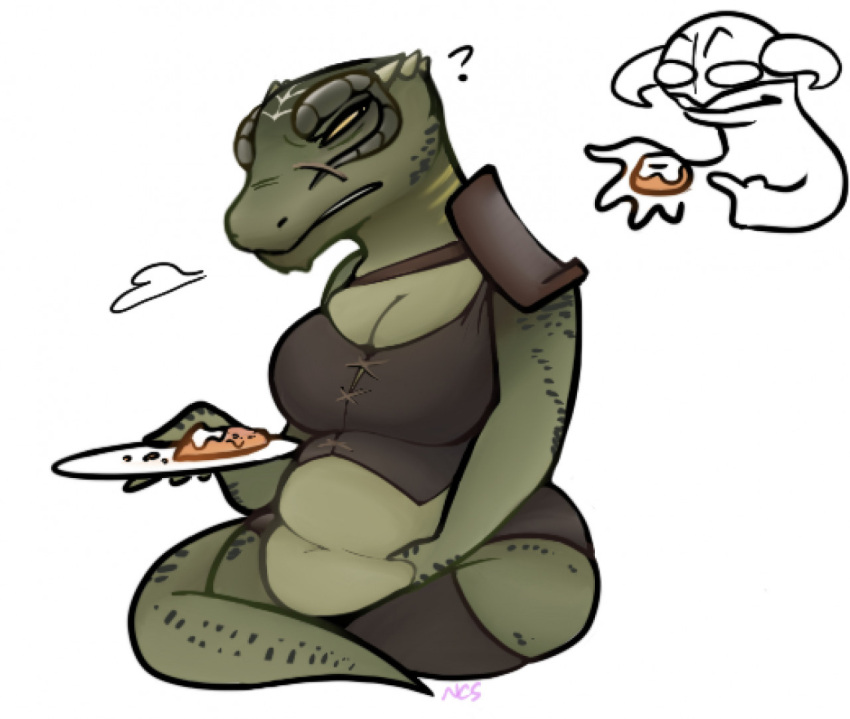 2021 4_fingers ? ambiguous_gender anthro argonian armor belly belly_grab bethesda_softworks big_breasts bottomwear breasts cleavage clothed clothing deeja dragonborn_(skyrim) duo female fingers food green_body green_scales half-length_portrait hand_on_stomach headgear helmet holding_food holding_object horn legwear looking_back midriff narrowed_eyes ncs non-mammal_breasts overweight overweight_anthro overweight_female pastry pauldron portrait scales scalie scar sigh sitting skyrim stockings the_elder_scrolls thigh_highs topwear video_games yellow_eyes