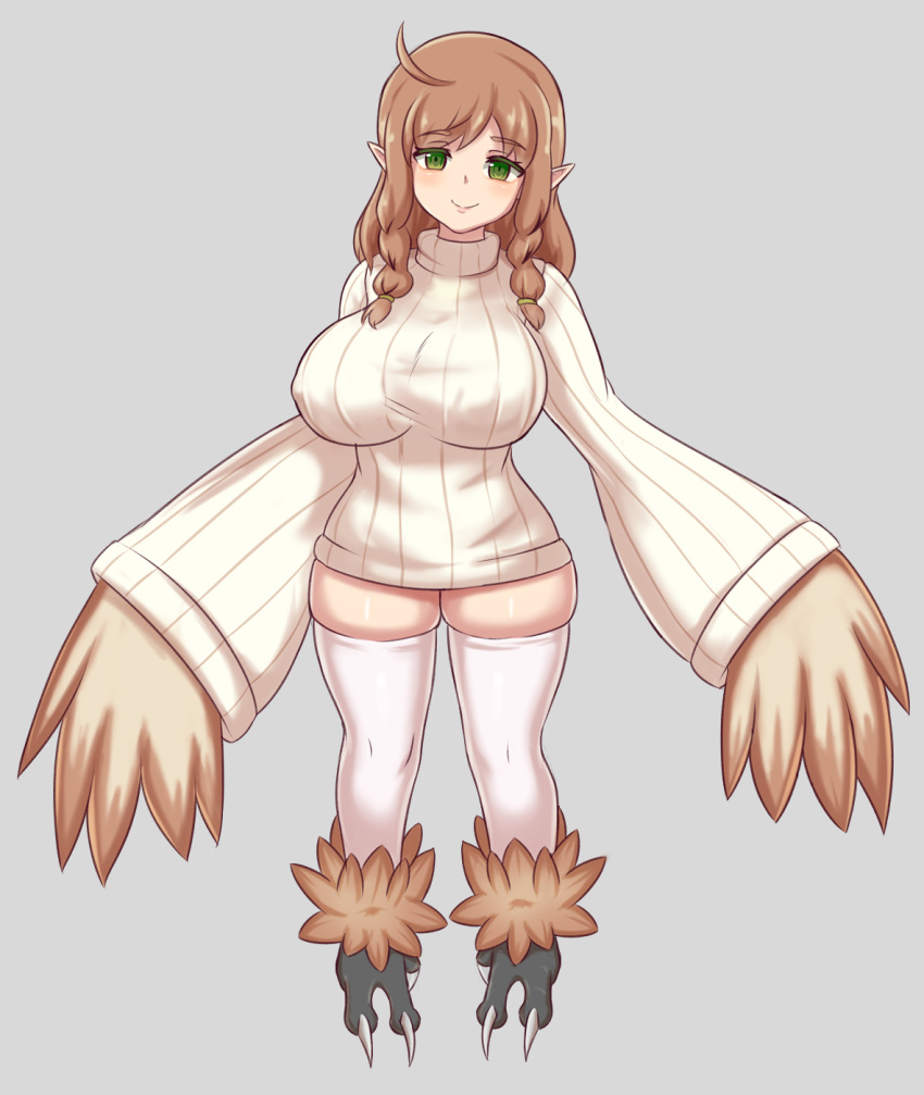 1girl ahoge braid breasts brown_hair commentary eyebrows_visible_through_hair full_body green_eyes grey_background harpy highres impossible_clothes impossible_sweater large_breasts long_hair long_sleeves looking_at_viewer monster_girl nav original outstretched_arms pointy_ears ribbed_sweater simple_background skindentation smile solo spread_arms sweater talons thick_thighs thighhighs thighs turtleneck turtleneck_sweater twin_braids white_legwear white_sweater wide_sleeves winged_arms