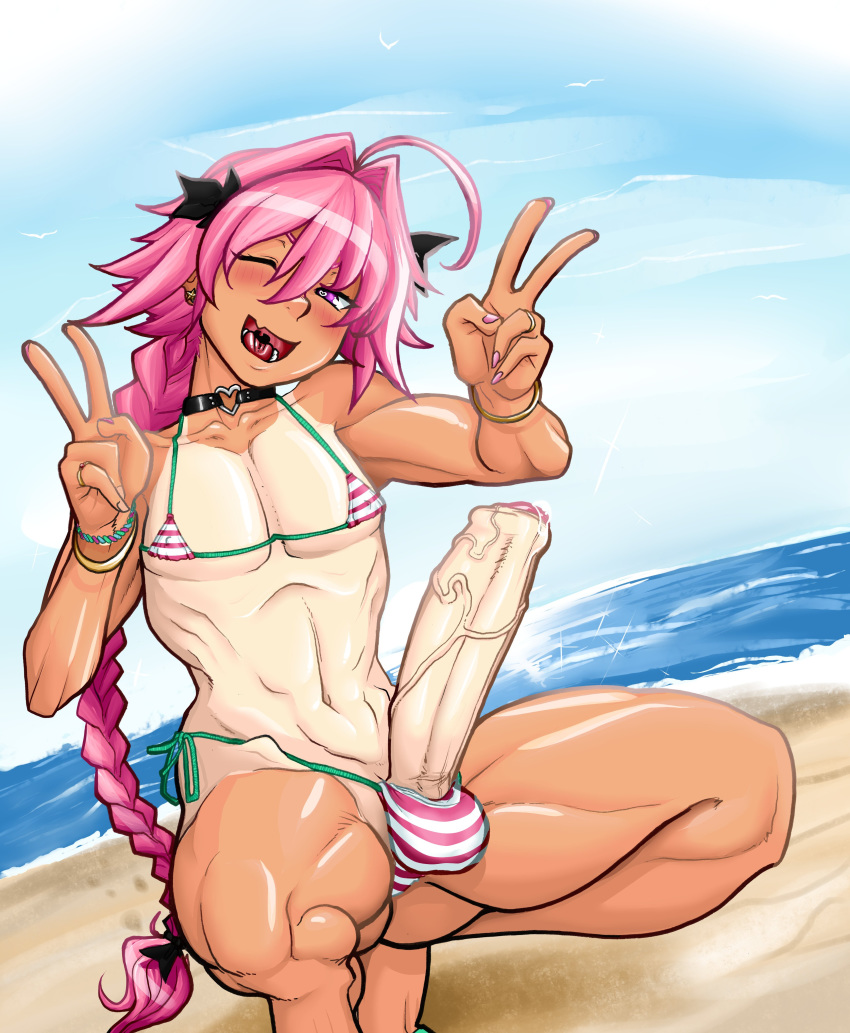 1boy abs astolfo_(fate) beach bikini braid double_v earrings erect_nipples erection fate/apocrypha fate_(series) french_braid heart heart-shaped_pupils jewelry large_penis long_hair male muscle navel ocean open_mouth painted_nails penis pink_eyes pink_hair ponytail precum ring side-tie_bikini smile squatting swimsuit symbol-shaped_pupils tammaro tammdraws tan tanline\r\n testicles trap uvula v veins veiny_penis wristband