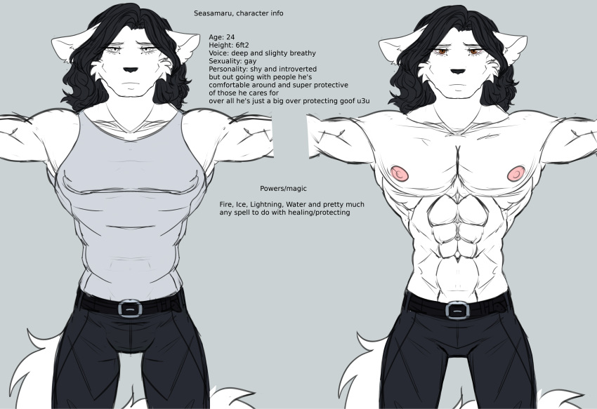 abs absurd_res anthro belt black_hair brown_eyes cassielink cheek_tuft clothing collarbone ears_down facial_tuft fluffy fluffy_tail fur hair hi_res lips male model_sheet muscular neck_tuft nipples pivoted_ears reference_image shirtless shirtless_male sketch solo spread_arms t-pose topwear tuft unfinished vest white_body white_fur