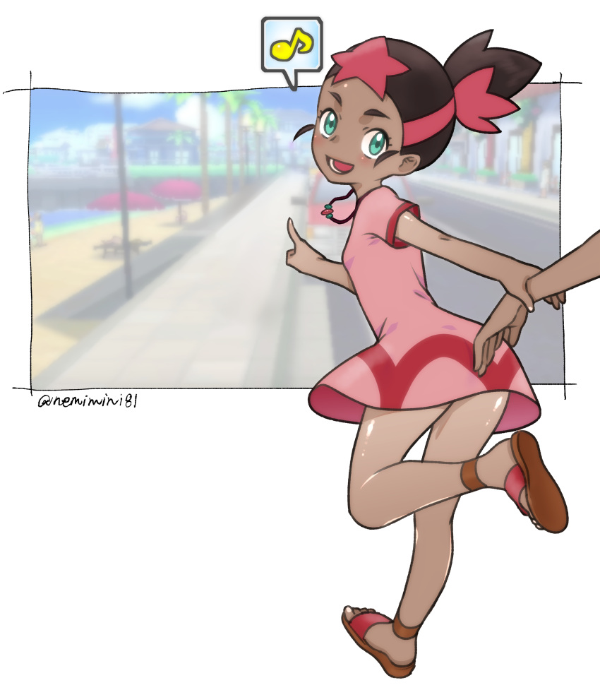 1boy 1girl absurdres blush brown_hair commentary_request dark-skinned_female dark-skinned_male dark_skin dress eyelashes green_eyes highres holding_another's_wrist jewelry leg_up looking_back lower_teeth mimo_(pokemon) musical_note necklace nemimini open_mouth pink_dress pointing pokemon pokemon_(anime) pokemon_sm_(anime) red_footwear red_hair sandals shiny shiny_skin short_hair short_sleeves spoken_musical_note standing standing_on_one_leg teeth tongue