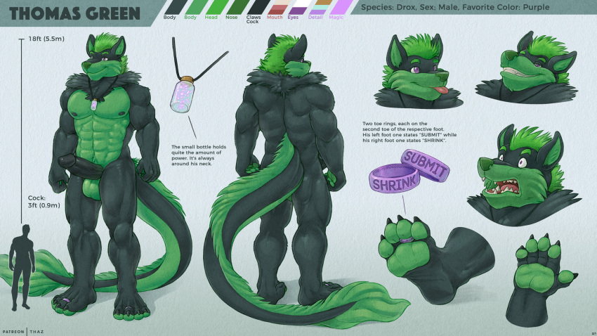 anthro black_body blep canid canine chart digit_ring digital_media_(artwork) dragon expression_sheet expressions faceless_character faceless_male feet fluffy fluffy_tail fox fur genitals green_body grin handpads handpaw height_chart hi_res human hybrid jewelry macro magic male mammal measurements micro model_sheet multicolored_body multicolored_fur multicolored_skin neck_tuft necklace nude palette pawpads paws penis power purple_eyes ring shrink size_difference smile solo standing standing_position submit surprised_expression text thaz_(artist) thomas_green toe_ring tongue tongue_out tuft two_tone_body two_tone_fur two_tone_skin two_tone_tail