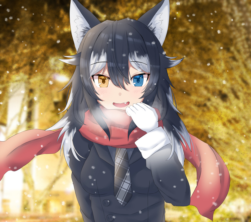 1girl animal_ear_fluff animal_ears artist_request black_hair blue_eyes blush breasts eyebrows_visible_through_hair fate_(series) fur_collar gloves grey_wolf_(kemono_friends) heterochromia highres kemono_friends looking_at_viewer medium_breasts multicolored_hair necktie open_mouth plaid_necktie red_scarf scarf solo two-tone_hair white_gloves white_hair wolf_ears wolf_girl yellow_eyes