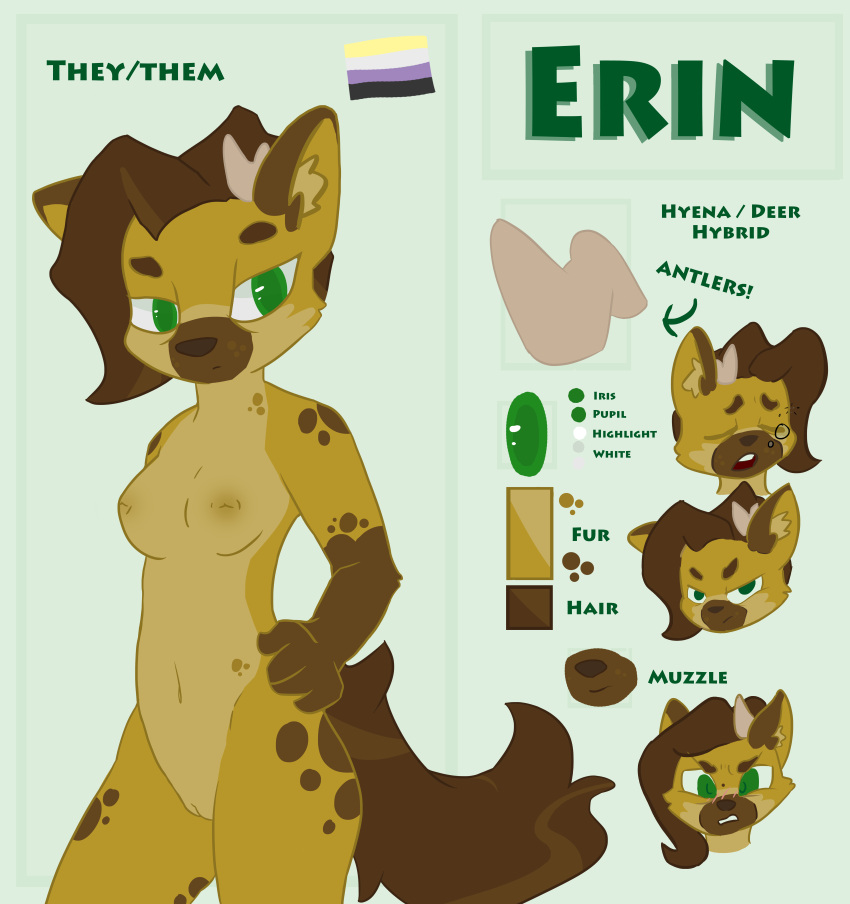 absurd_res anthro antlers breasts brown_hair canid canine cervid cheek_tuft embarrassed facial_tuft fur genitals green_eyes hair hi_res horn hyaenid hybrid inner_ear_fluff its_cerverus lgbt_pride looking_at_viewer mammal model_sheet multicolored_body multicolored_fur navel nipples nonbinary_(lore) nonbinary_pride_colors nude open_mouth pride_colors pussy simple_background solo spots spotted_body spotted_fur spotted_hyena teeth tired tired_eyes tuft yawn