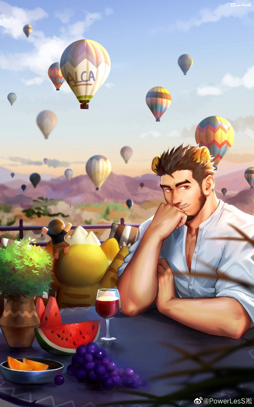1boy absurdres aircraft alca animal_ears bara beard character_doll commission cup drinking_glass elbow_rest facial_hair food fruit grapes gyee highres hot_air_balloon lion_boy lion_ears looking_at_viewer male_focus mature_male muscular muscular_male orange_(fruit) original partially_unbuttoned pectoral_cleavage pectorals powerlesssong red_eyes shirt short_hair sky sleeves_rolled_up solo sunlight sunset thick_eyebrows upper_body watermelon_slice white_shirt wine_glass