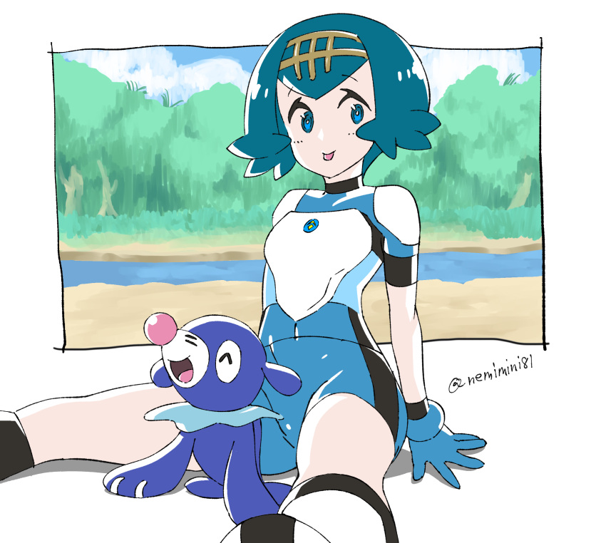 1girl arm_support blue_bodysuit blue_eyes blue_gloves blue_hair bodysuit bright_pupils commentary_request freckles gloves hairband highres lana_(pokemon) looking_at_viewer nemimini no_sclera pokemon pokemon_(anime) pokemon_sm_(anime) popplio short_hair sitting tongue tongue_out ultra_guardians_uniform white_pupils yellow_hairband