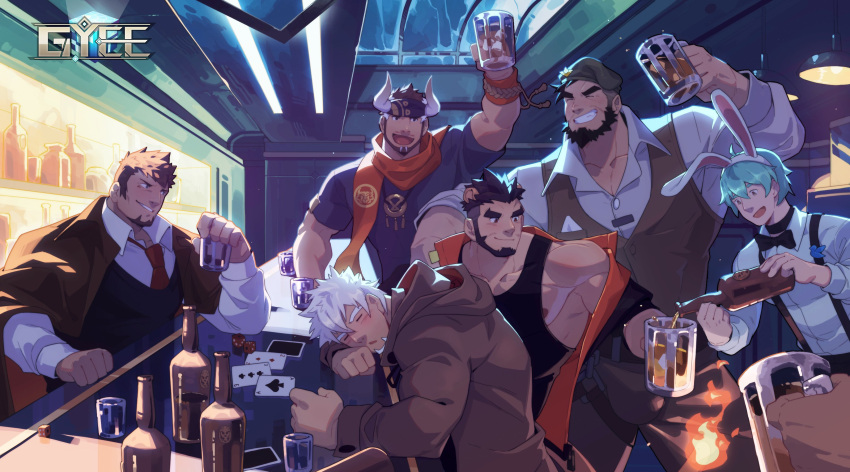 6+boys absurdres alca animal_ears antonio_(gyee) bara beard black_hair black_tank_top black_vest blush bottle character_request dice drunk facial_hair fake_animal_ears formal grin gyee highres jacket jacket_on_shoulders large_pectorals lion_boy lion_ears lion_tail long_sideburns male_focus male_playboy_bunny mature_male multiple_boys muscular muscular_male necktie nipple_slip nipples off_shoulder official_art pectoral_cleavage pectorals poker_chip poker_table rabbit_ears red_eyes red_necktie short_hair sideburns sidepec single_bare_shoulder sleeping smile spiked_hair suspenders tail tank_top thick_eyebrows vest zixiong_zix